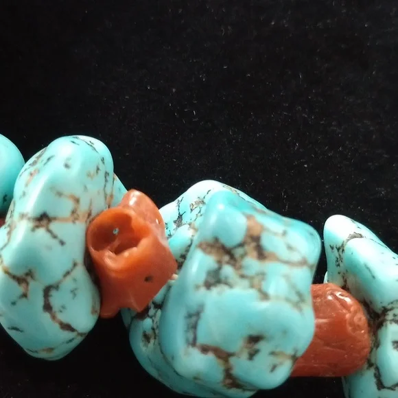 Vintage Turquoise Nugget & Coral Necklace 17.5" Long - Picture 13 of 15